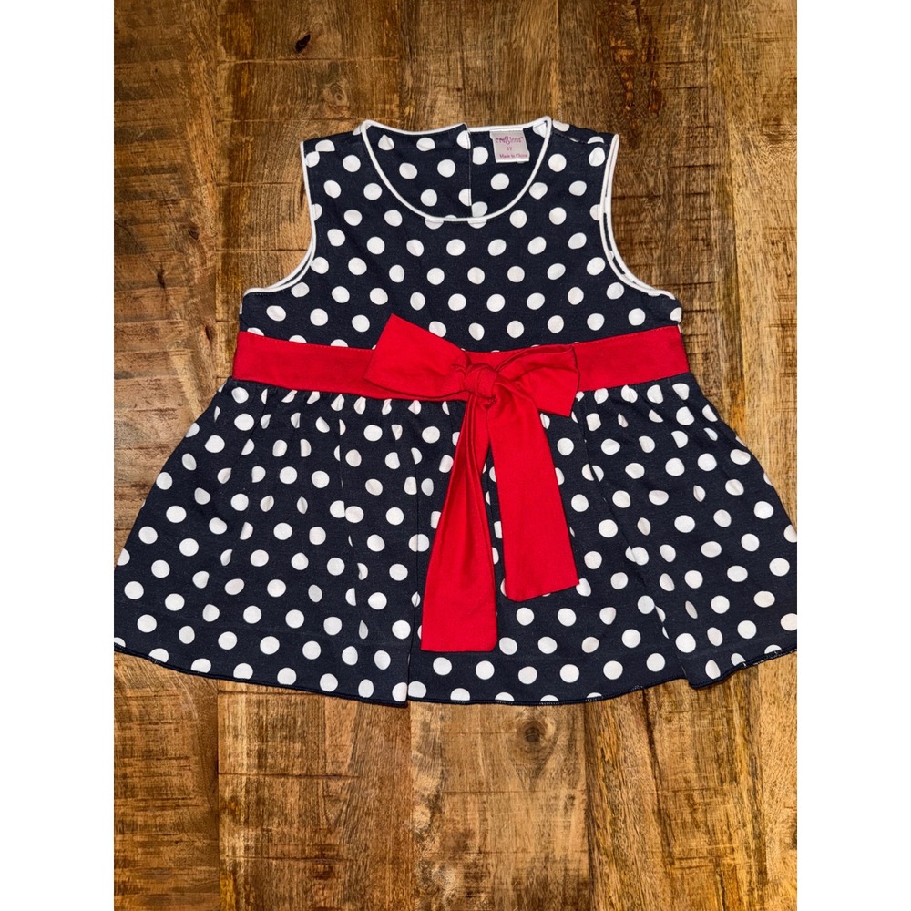 Cre8sions Girls Navy Blue White Polka Dot Peplum Top Red Bow Size 5Y